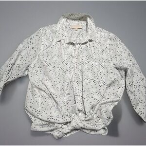 Blouse Top Womans Size Medium Career Casual White Hearts Lips Button Up Shirt